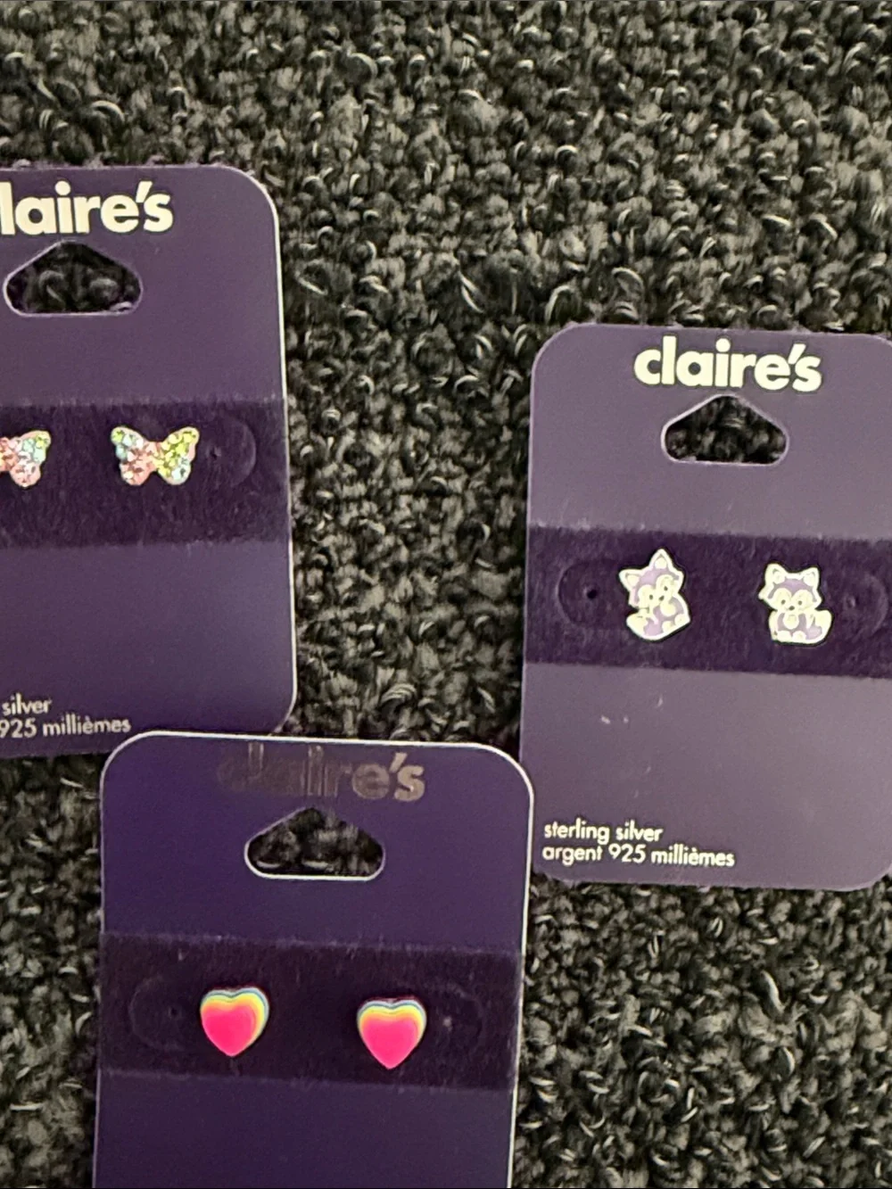 Claire's Pink Heart, Iridescent Butterfly & Silver Cat Kids Earring Trio